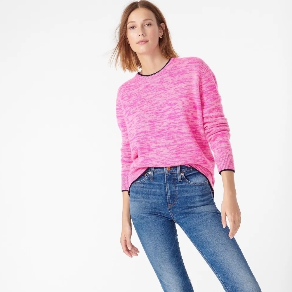 J.Crew Relaxed Cashmere Pink Crewneck Sweater Black Trim Classic Cozy Knit M